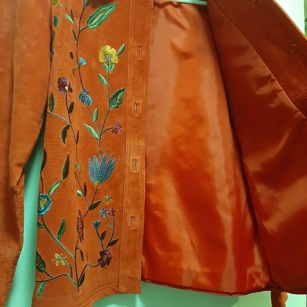 Brandon Thomas Cottagecore Red Orange Suede Novelty Floral Leather Jacket Small - Picture 5 of 13